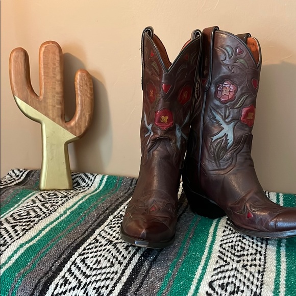 Dan Post Shoes - Dan Post cowgirl boots chocolate brown with blue birds and heart inlays 9.5